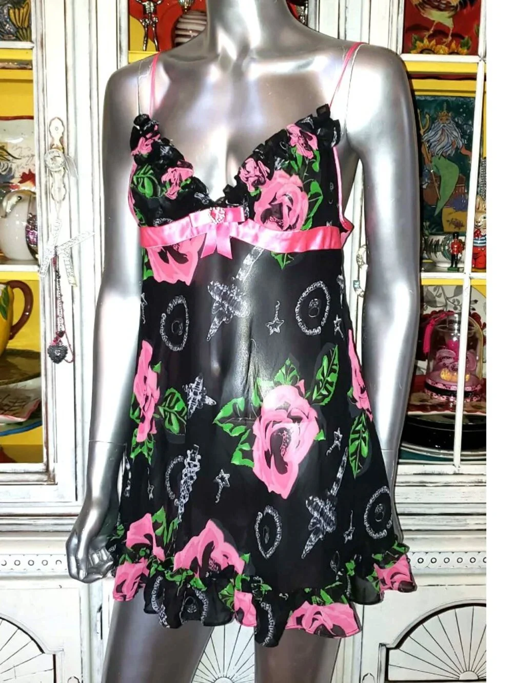 Vintage Betsey Johnson Slip Dress Y2K Black Floral Rose Jewelry Print Babydoll S - Picture 5 of 15
